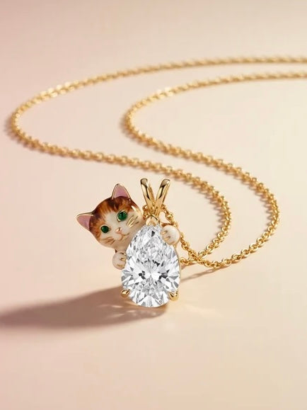 Marmalade Peeping Cat Lab Grown Diamond Pendant in Gold