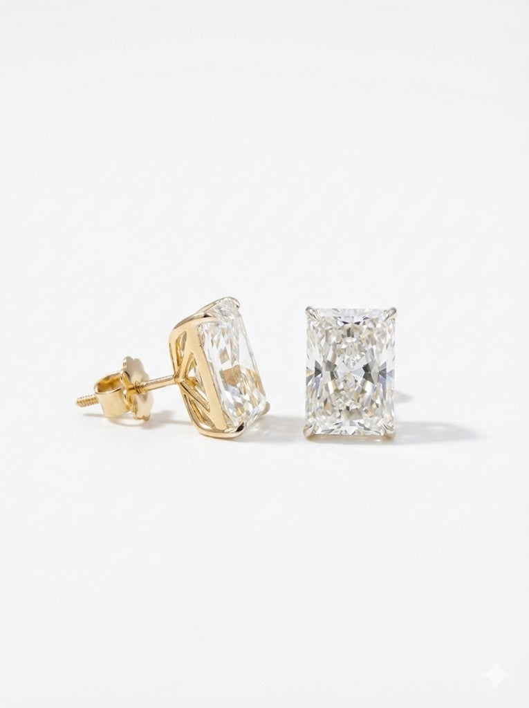 Side view of 5ct Radiant Radiant Lab Diamond Stud Earrings in 18K Yellow Gold - Fiona Diamonds
