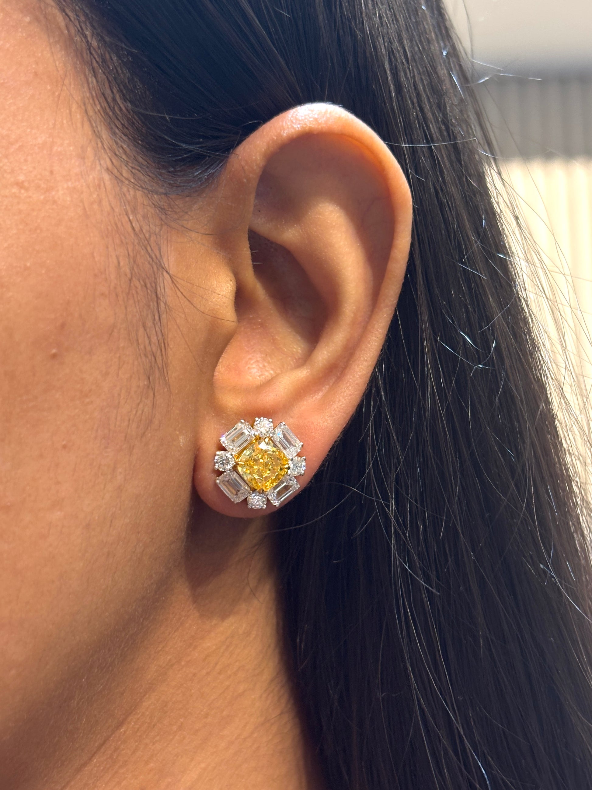 Side view of 3.5ct Cushion Evangeline Cushion Lab Diamond Halo Earrings in 18K Yellow Gold - Fiona Diamonds
