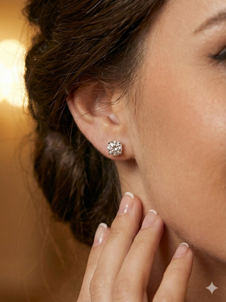 Close-up of Lingyi 1.53ct Round Lab Diamond Solitaire Stud in 14K White Gold by Fiona Diamonds