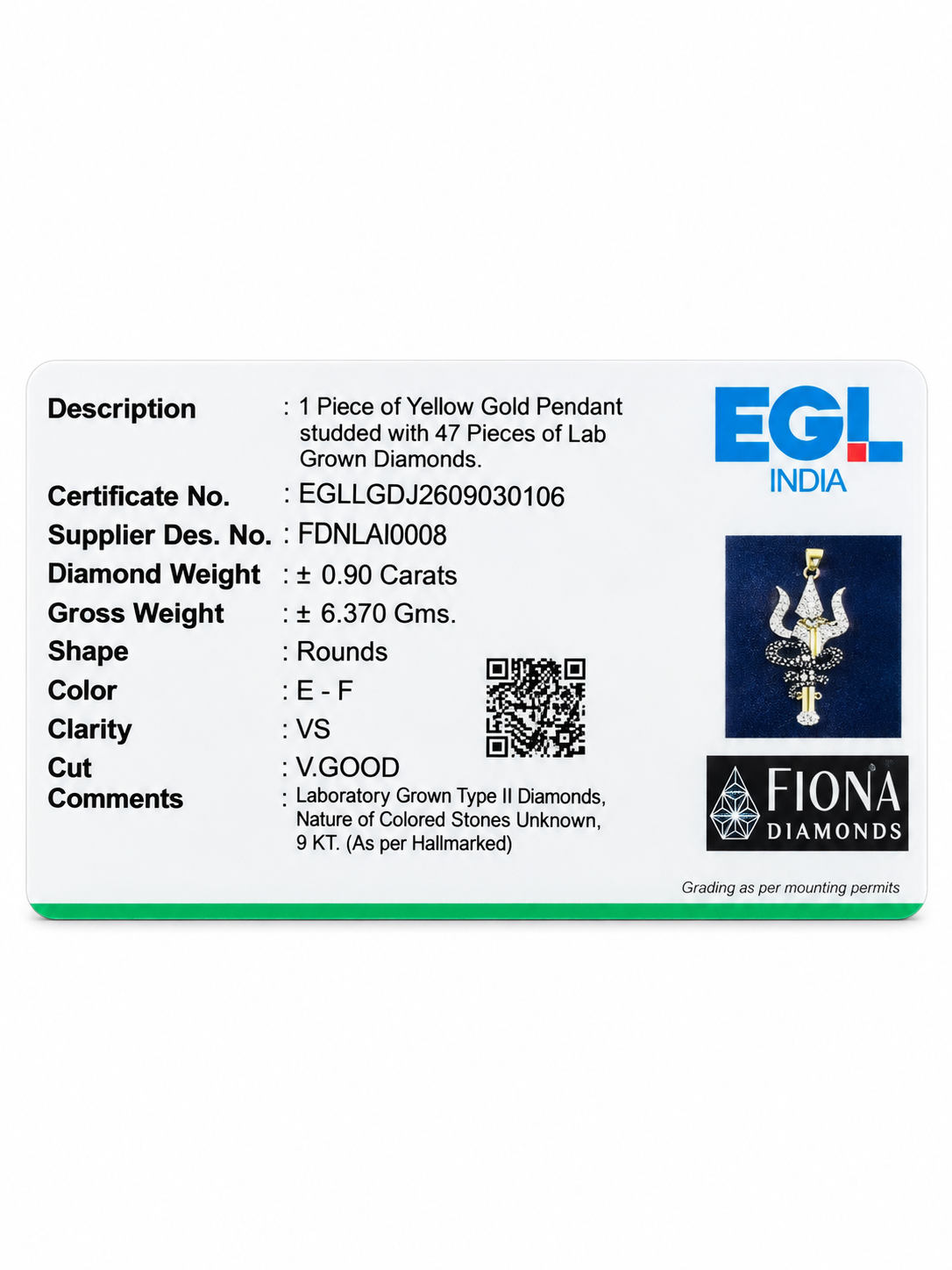 Mahadev Serpent Trishul pendant – lab diamond certificate card