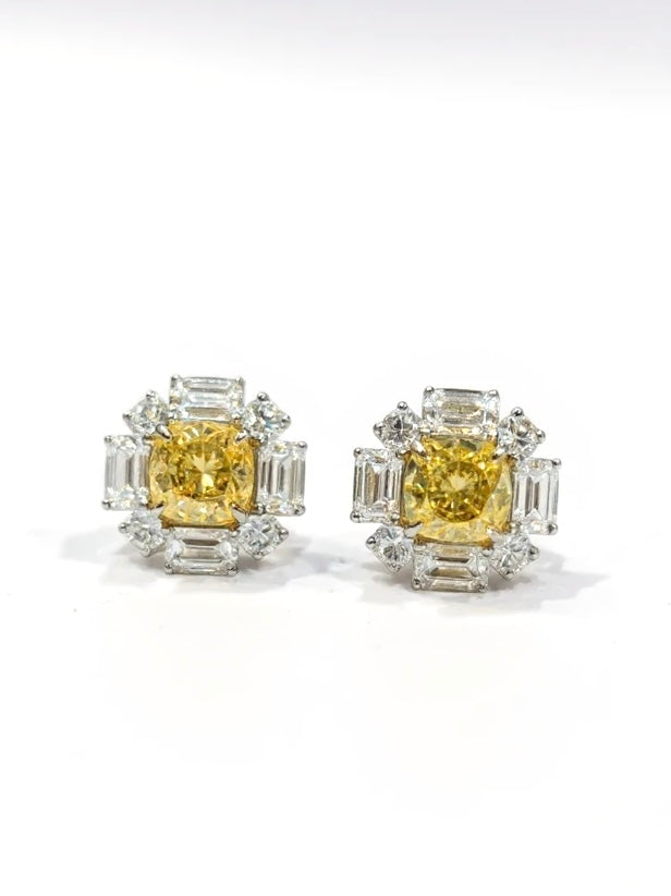 3.5ct Cushion Evangeline Cushion Lab Diamond Halo Earrings in 18K Yellow Gold by Fiona Diamonds
