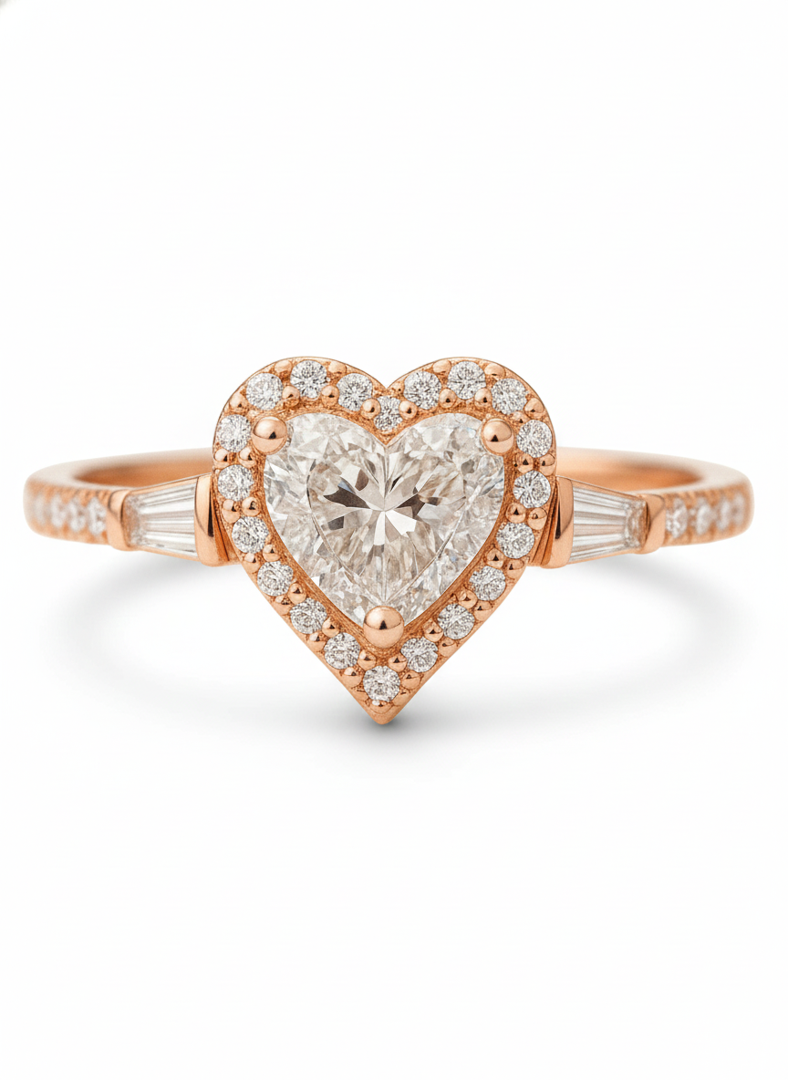 Yuxin Heart Lab Diamond Three Stone Ring in 14K Rose Gold by Fiona Diamonds