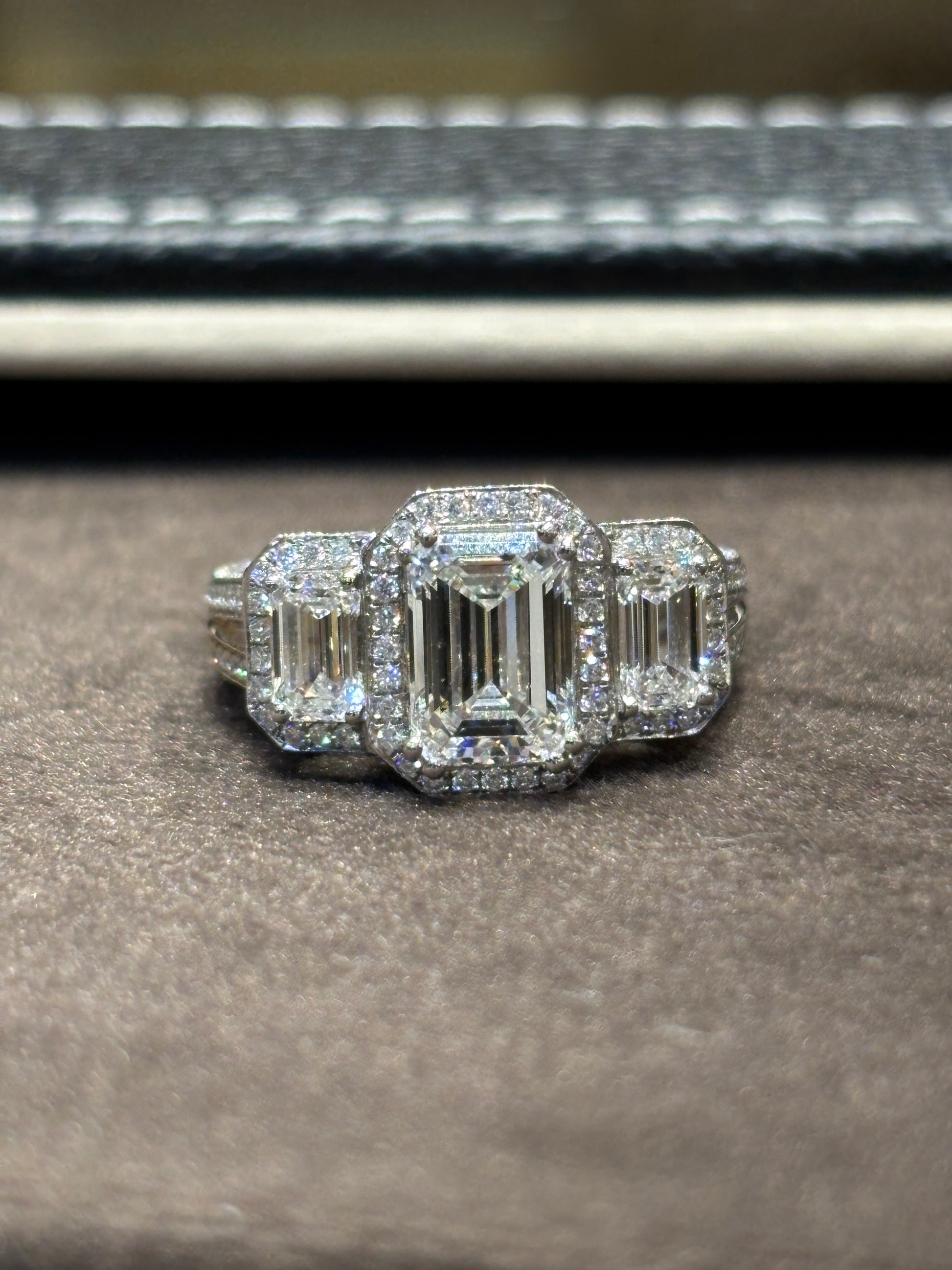Fiona Diamonds Yara Emerald Lab Diamond Three Stone Ring in 14K White Gold on hand