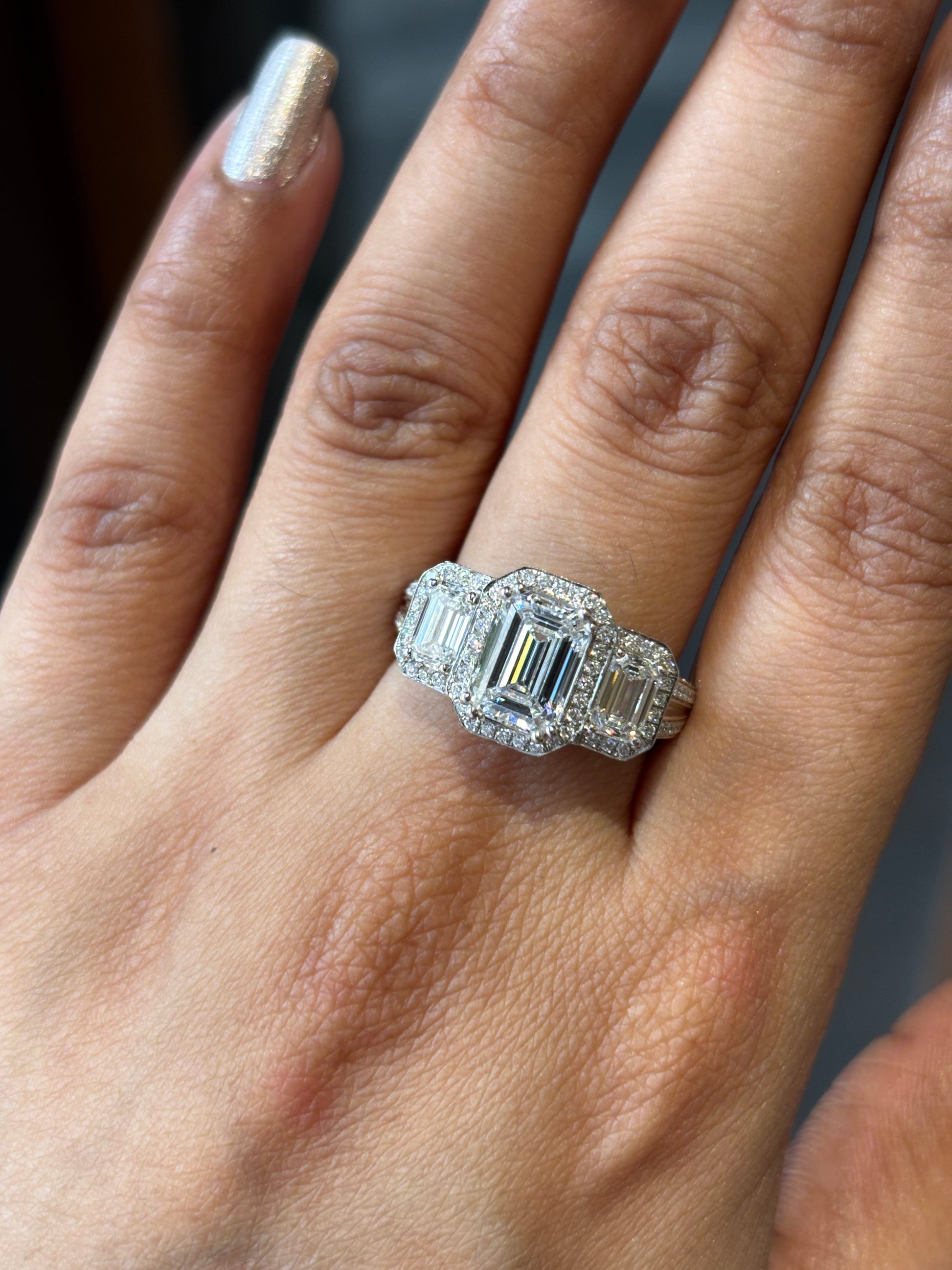 Top view of Yara Emerald Lab Diamond Three Stone Ring in 14K White Gold - Fiona Diamonds