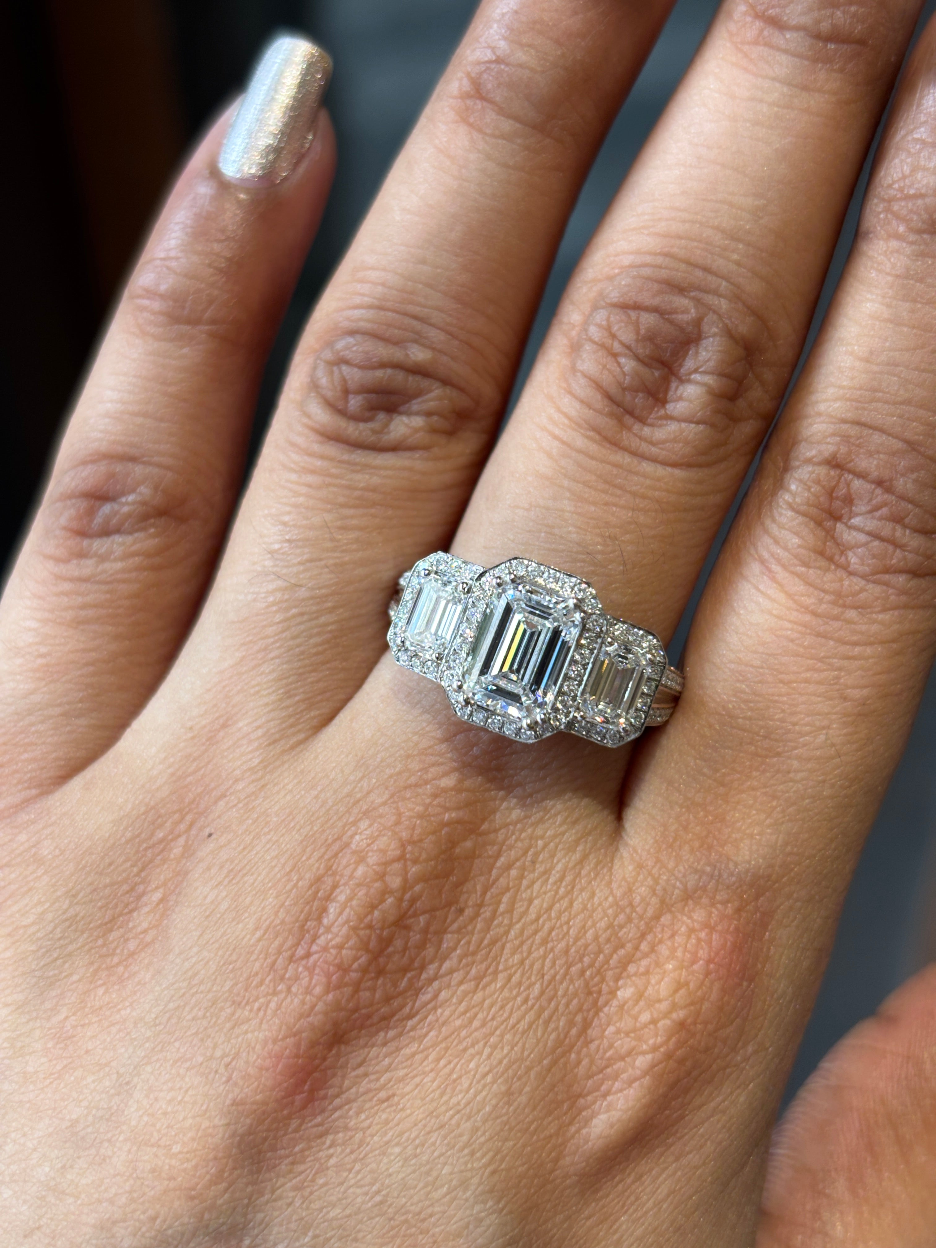 Top view of Yara Emerald Lab Diamond Three Stone Ring in 14K White Gold - Fiona Diamonds