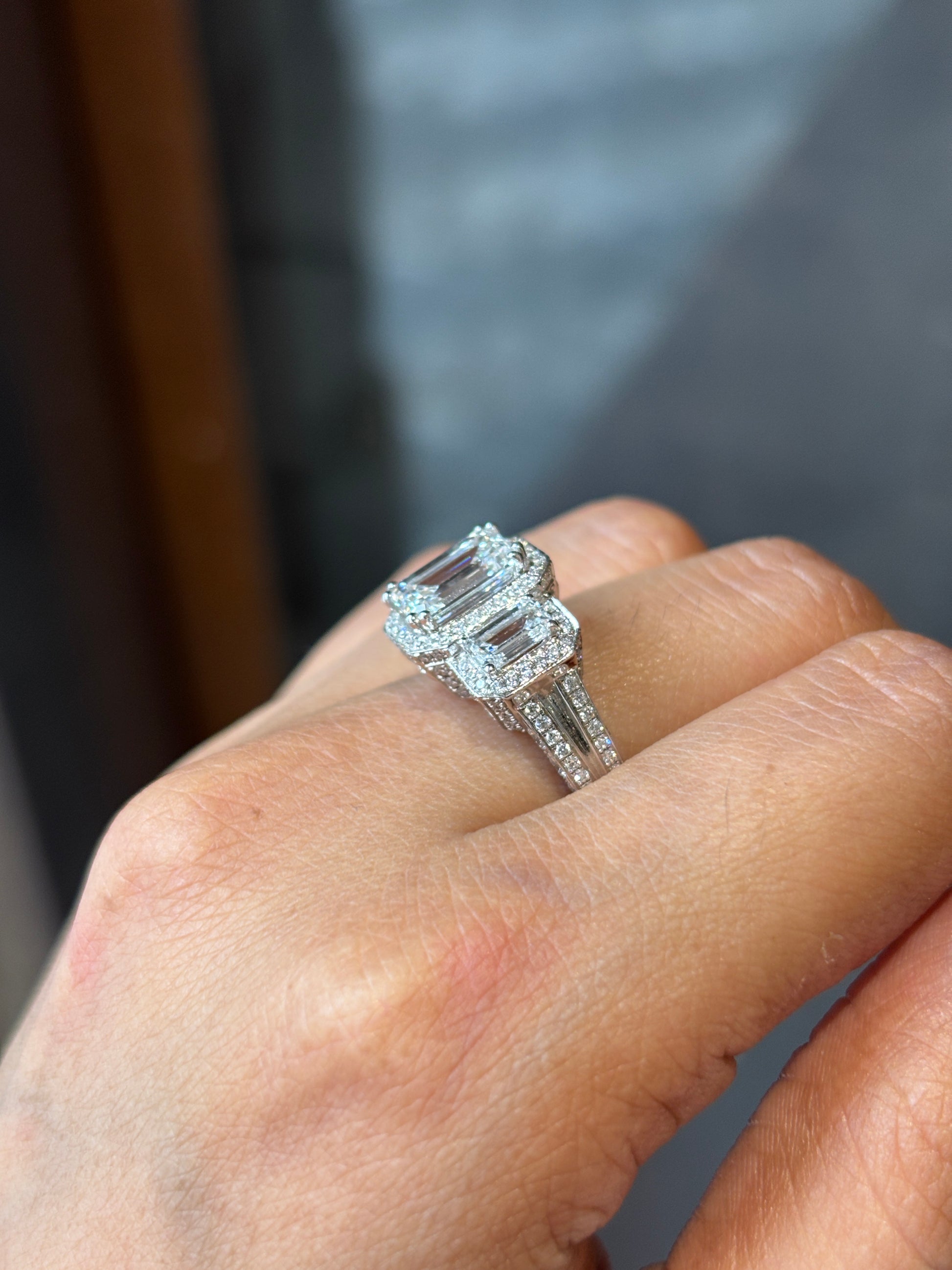 Elegant Yara Emerald Lab Diamond Three Stone Ring in 14K White Gold by Fiona Diamonds