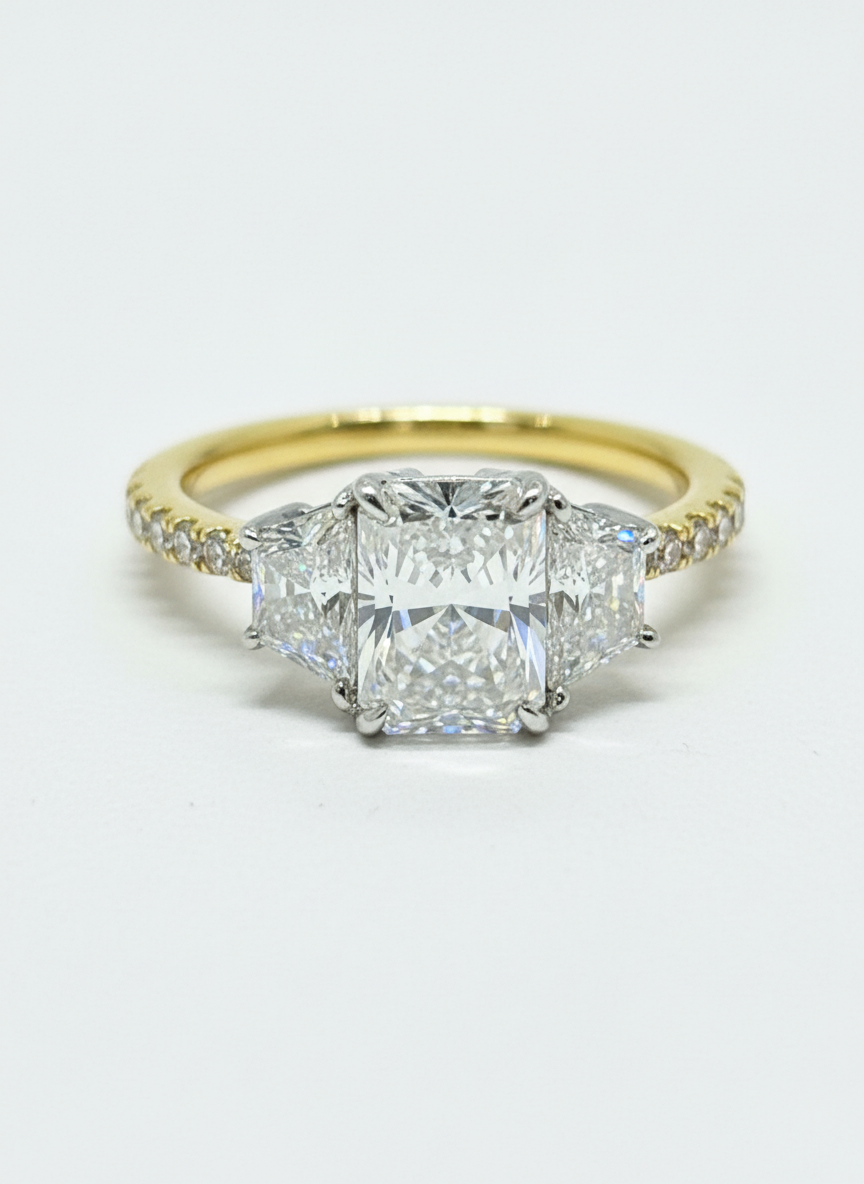 Jovielle 1.5ct Radiant Lab Diamond Three Stone Ring in 14K Yellow Gold by Fiona Diamonds
