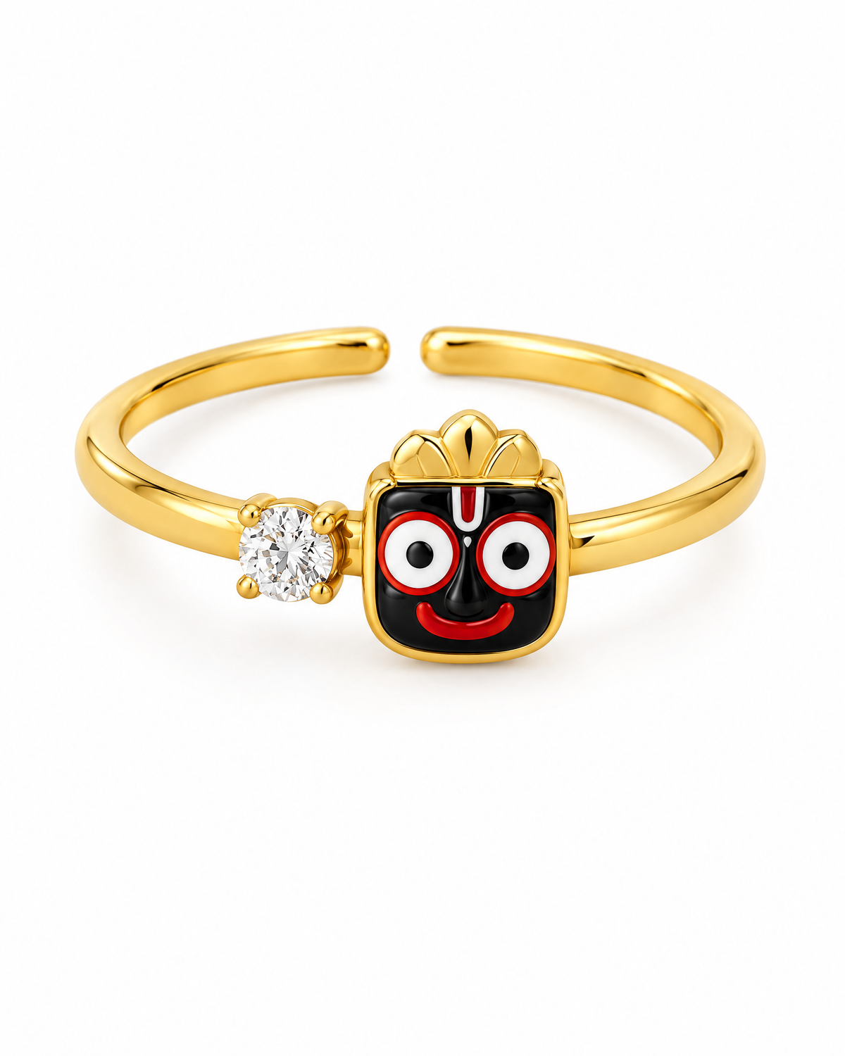 Jagannath Kalia ring – 18kt gold vermeil finish flexi ring, open band, black enamel Jagannath face with lab grown diamond solitaire, product shot on white