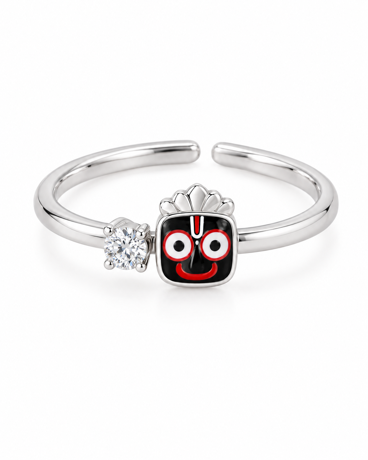 Jagannath Kalia ring – polished 925 sterling silver flexi ring, open band, black enamel Jagannath face with lab grown diamond solitaire, product shot on white