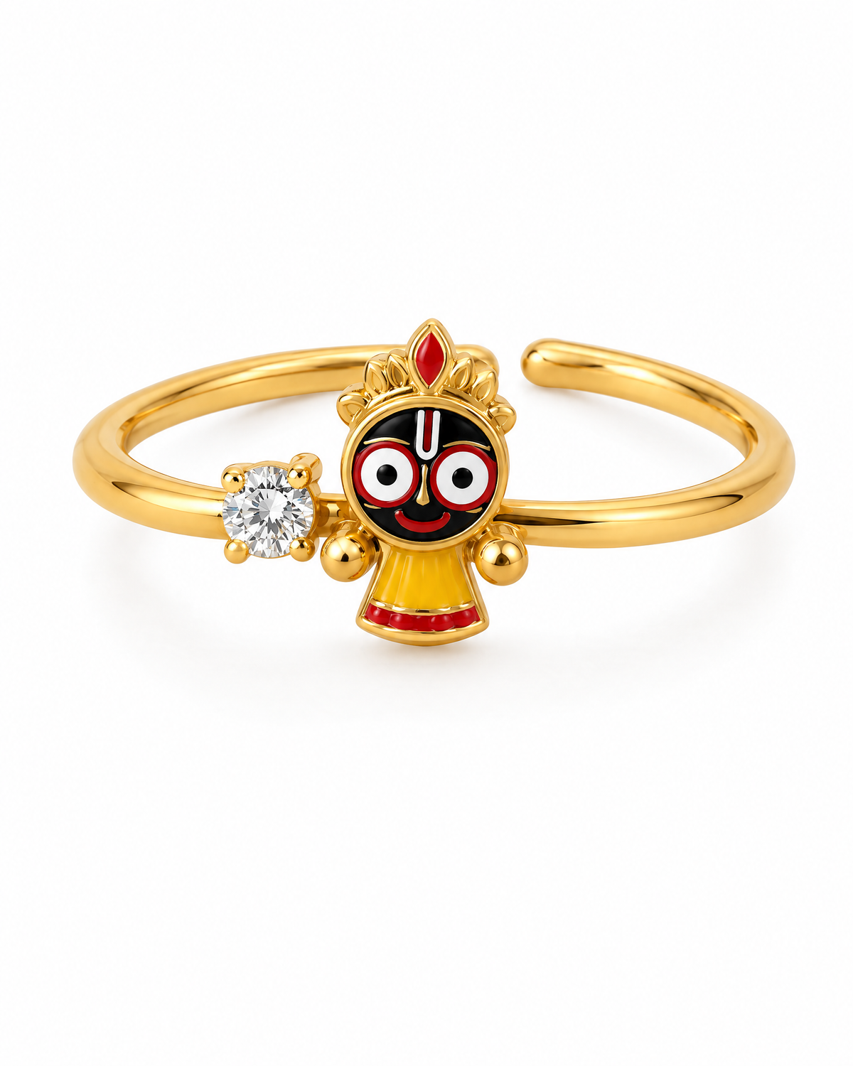 Jagannath Chakadola ring – 18kt gold vermeil finish flexi ring, open band, full-figure Jagannath with lab grown diamond solitaire, product shot on white