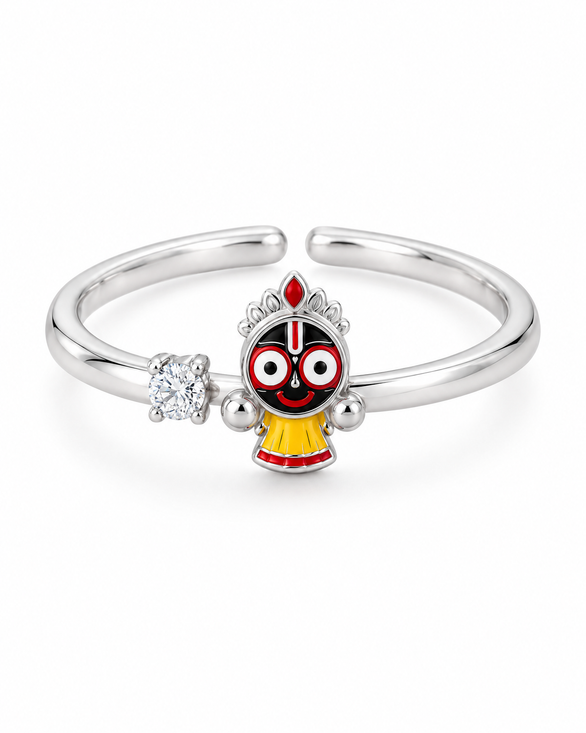 Jagannath Chakadola ring – polished 925 sterling silver flexi ring, open band, full-figure Jagannath with lab grown diamond solitaire, product shot on white