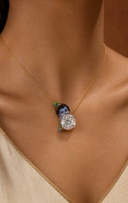 Ladoo Gopal — enamel Bal Krishna peeking shyly over the diamond, round lab-grown diamond pendant in yellow gold, Fiona Diamonds