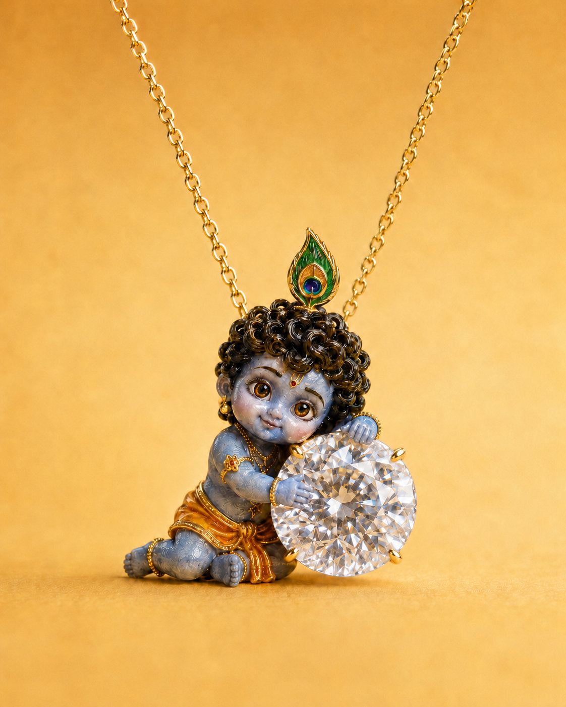 Nand Gopal — enamel Bal Krishna standing with both arms wrapped around the diamond, round lab-grown diamond pendant in yellow gold, Fiona Diamonds