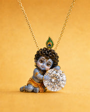 Nand Gopal — enamel Bal Krishna standing with both arms wrapped around the diamond, round lab-grown diamond pendant in yellow gold, Fiona Diamonds