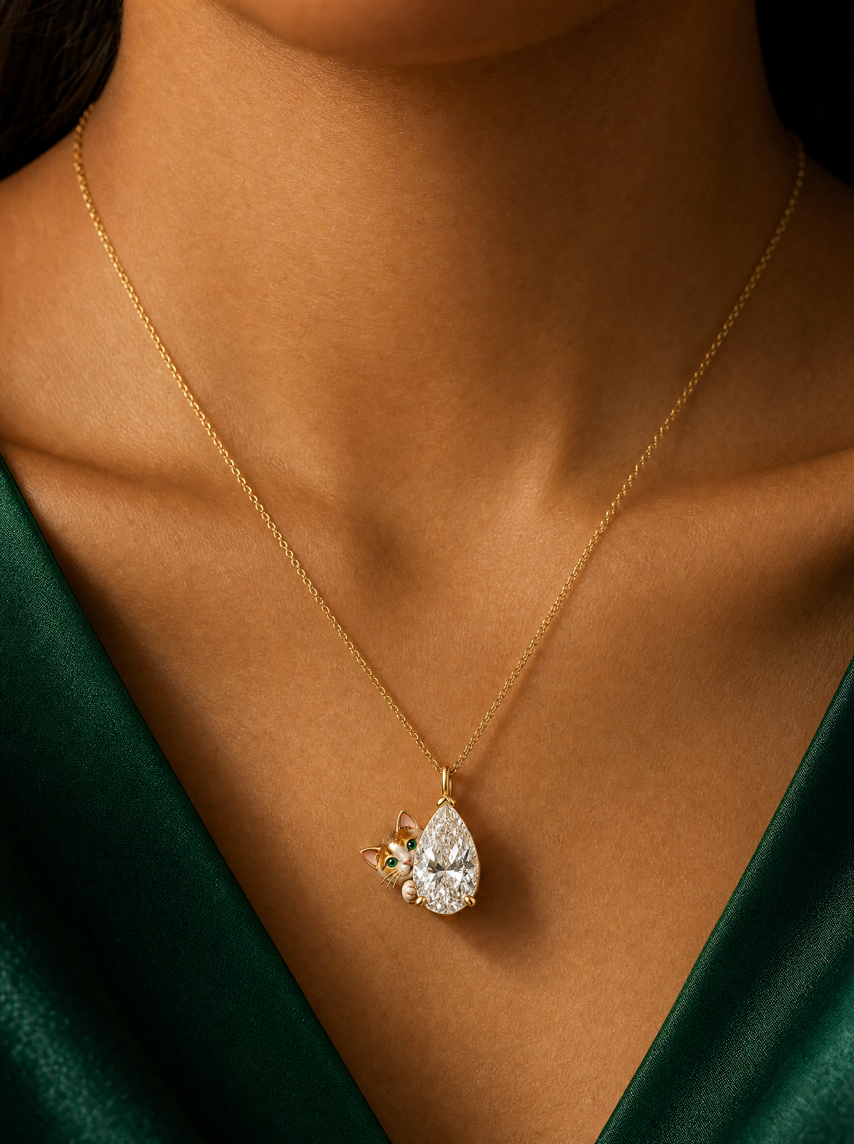 Peeping cat lab grown diamond pendant in gold - pear cut solitaire with hand-enamelled ginger tabby cat and emerald eyes, worn on a fine gold chain - Fiona Diamonds