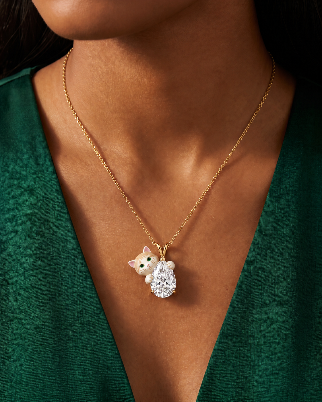 Cream tabby peeping cat lab grown diamond pendant in gold - pear cut solitaire with hand-enamelled cream and white cat with green eyes - Fiona Diamonds