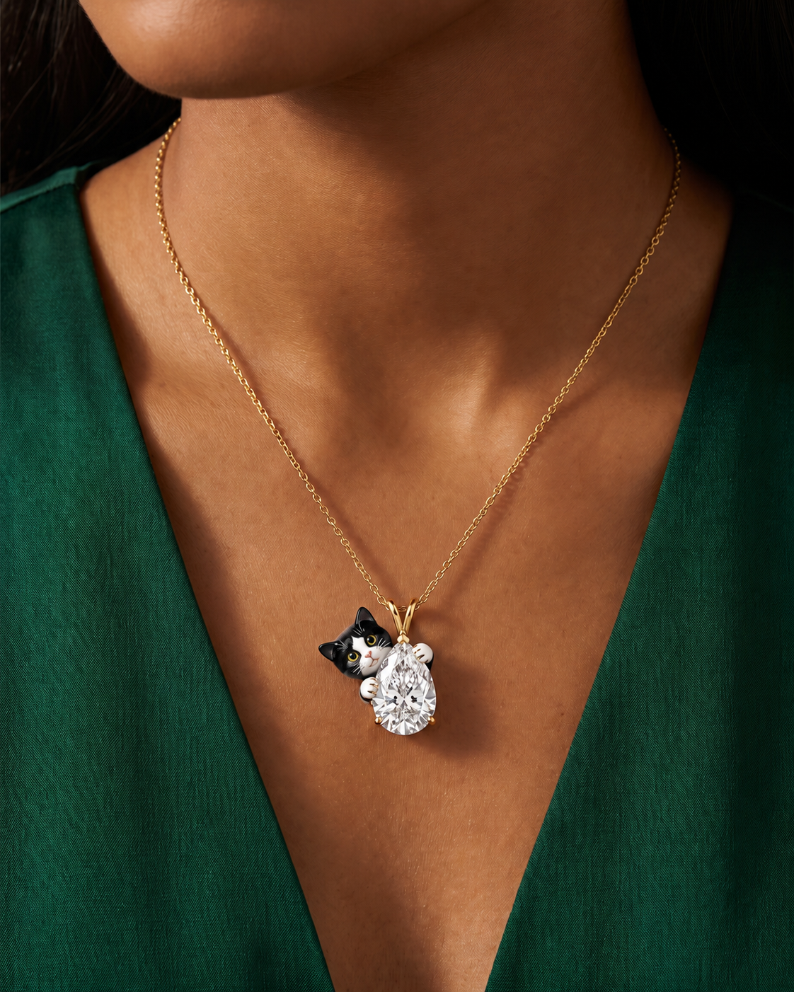Black and white tuxedo peeping cat lab grown diamond pendant in gold - pear cut solitaire with hand-enamelled tuxedo cat and amber eyes - Fiona Diamonds