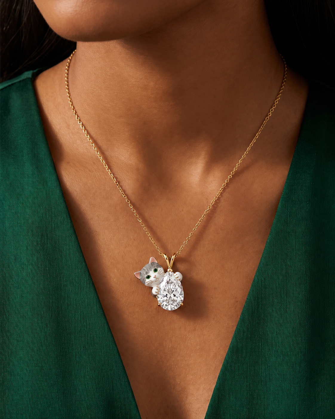 Silver tabby peeping cat lab grown diamond pendant in gold - pear cut solitaire with hand-enamelled grey tabby cat and green eyes - Fiona Diamonds