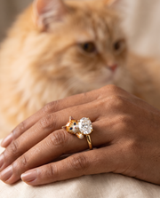 Peeping cat lab grown diamond ring in gold - hand-enamelled cat peeping around a certified solitaire - Fiona Diamonds