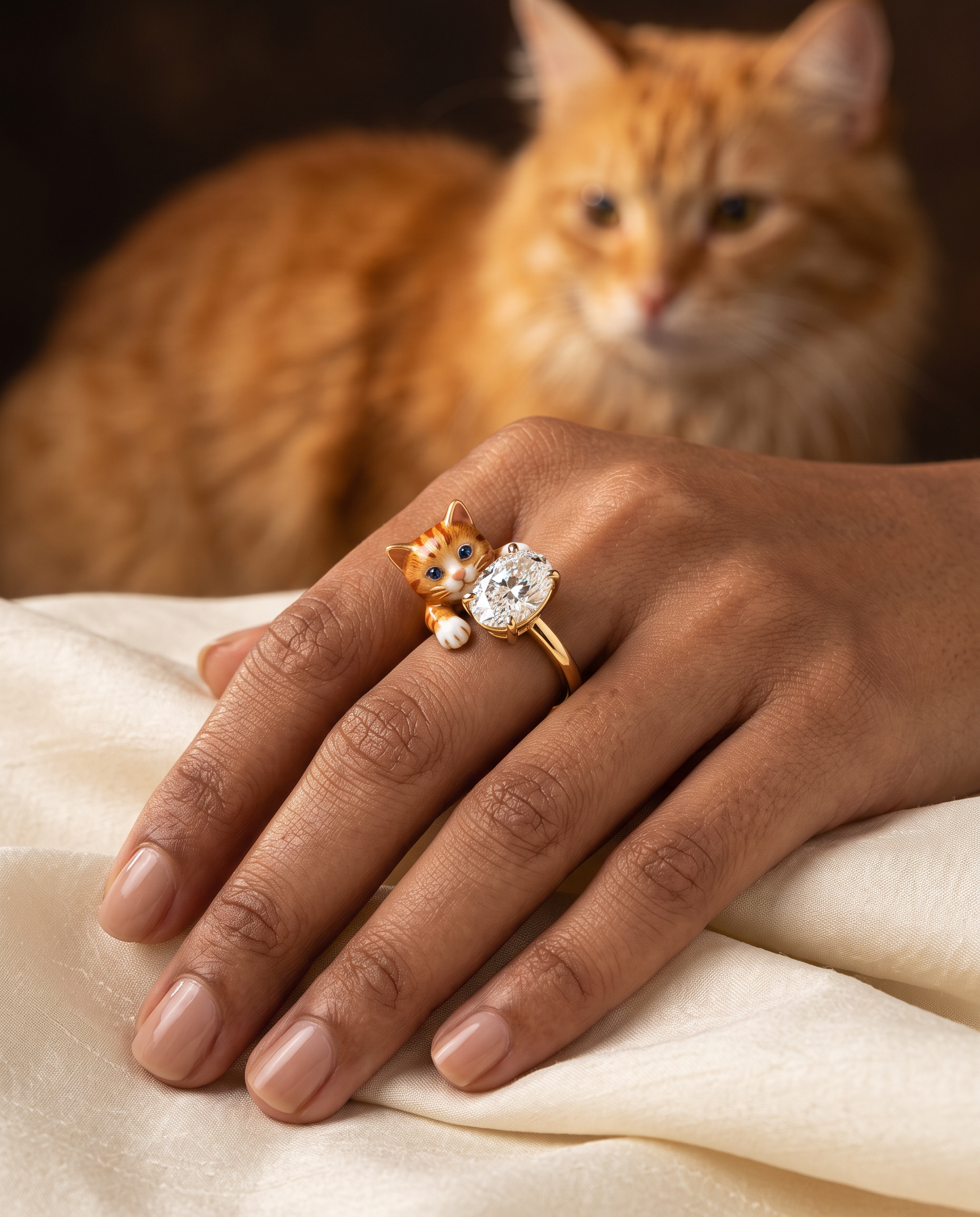 Peeping cat diamond ring in gold - ginger tabby with sapphire eyes beside an oval lab grown solitaire, worn on the hand - Fiona Diamonds