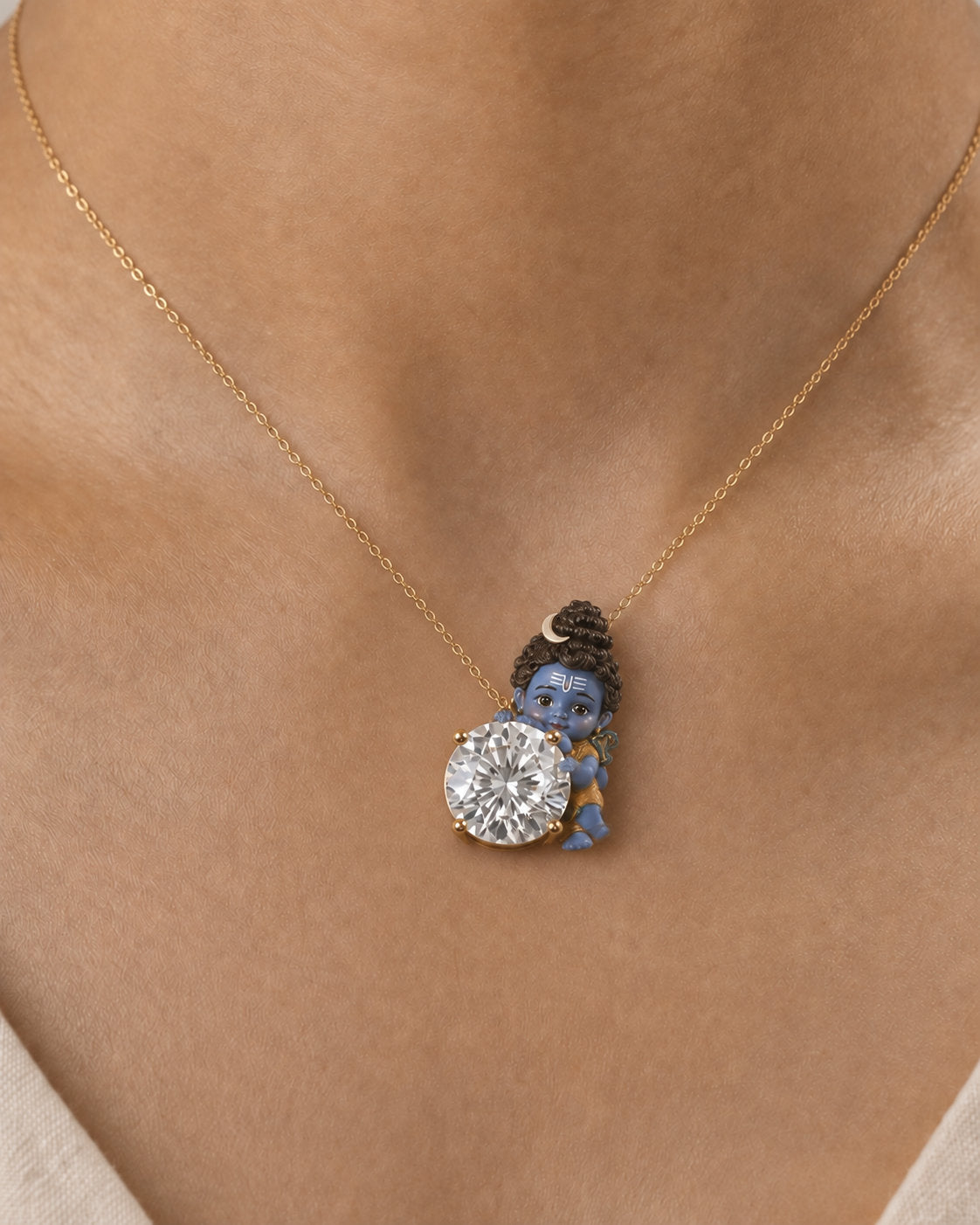 Bhole Baba — enamel Bal Shiva leaning gently on the diamond, round lab-grown diamond pendant in yellow gold, Fiona Diamonds