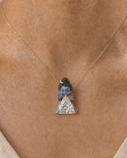 Trinetra — enamel Bal Shiva blessing from behind the trillion, trillion lab-grown diamond pendant in yellow gold, Fiona Diamonds