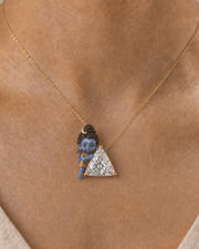 Bal Bholenath — enamel Bal Shiva standing beside the trillion like his mountain, trillion lab-grown diamond pendant in yellow gold, Fiona Diamonds
