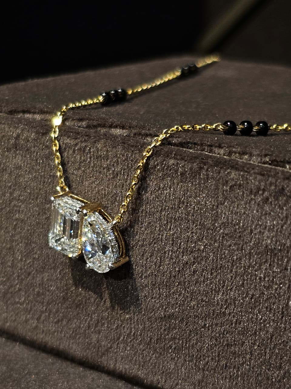 Close-up of Lunessa Voss Emerald Lab Diamond Mangalsutra in 14K Yellow Gold by Fiona Diamonds
