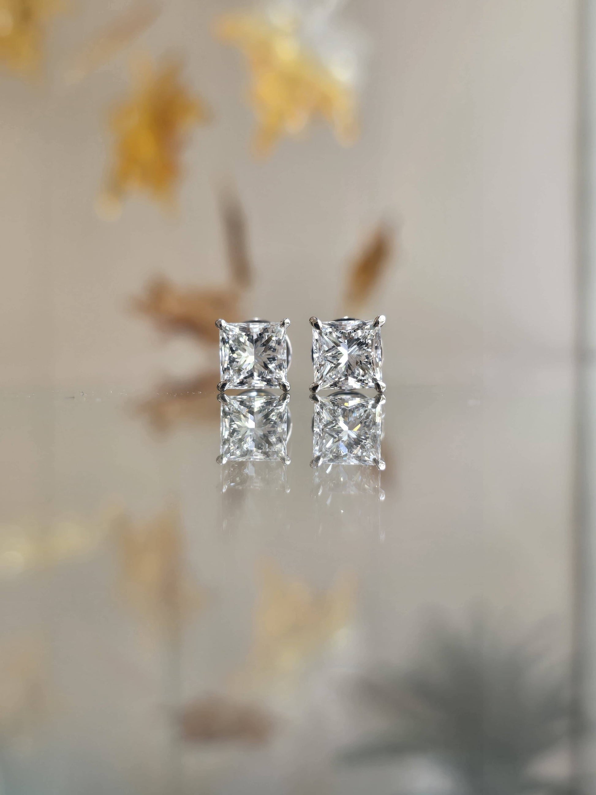 Close-up of Aviann 3ct Princess Lab Diamond Solitaire Stud in 18K White Gold by Fiona Diamonds