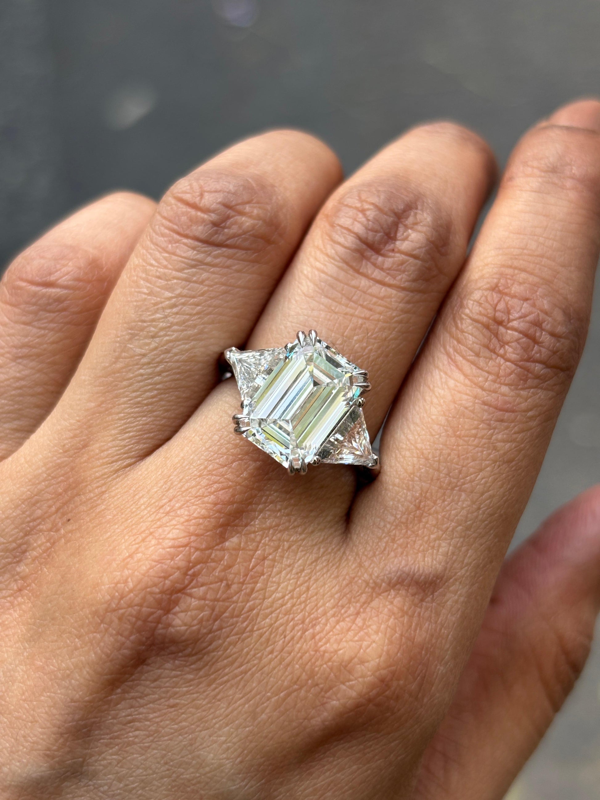 Emerald Lab Diamond Three Stone Ring in 14K White Gold - Bin by Fiona Diamonds