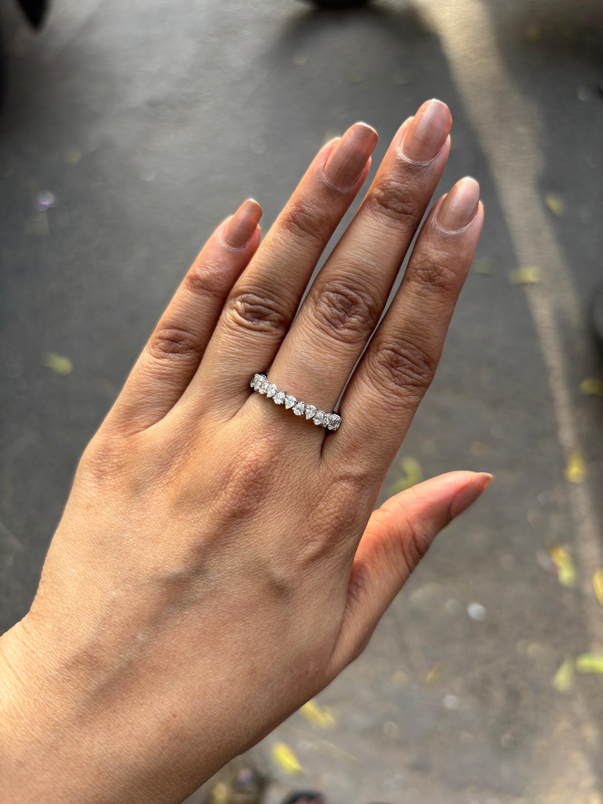 Side view of Ione Pear Lab Diamond Eternity Ring in 14K White Gold - Fiona Diamonds