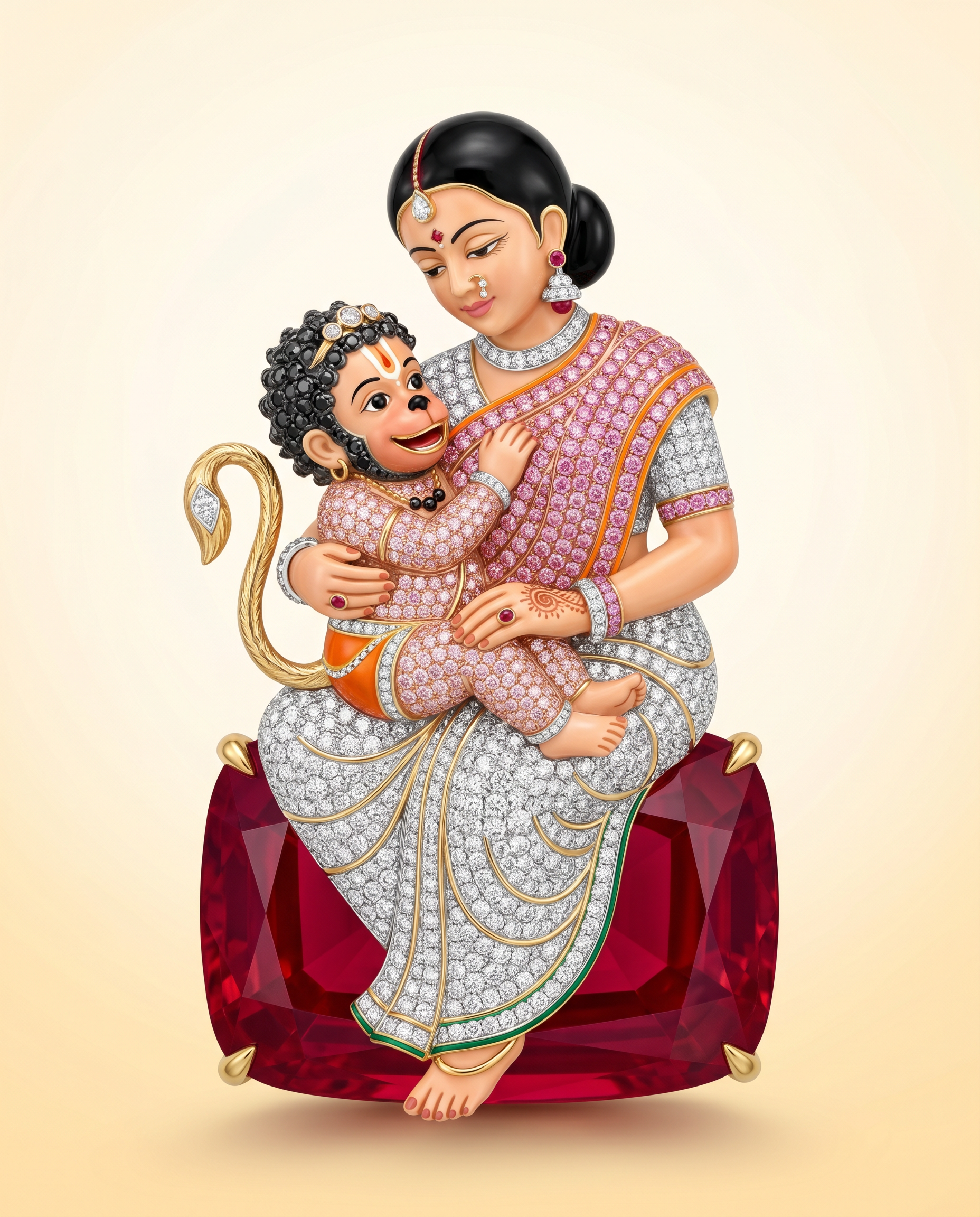 Anjana & Hanuman The Ruby The Sapphire Lab Diamond Brooch - Fiona Diamonds - Fiona Diamonds