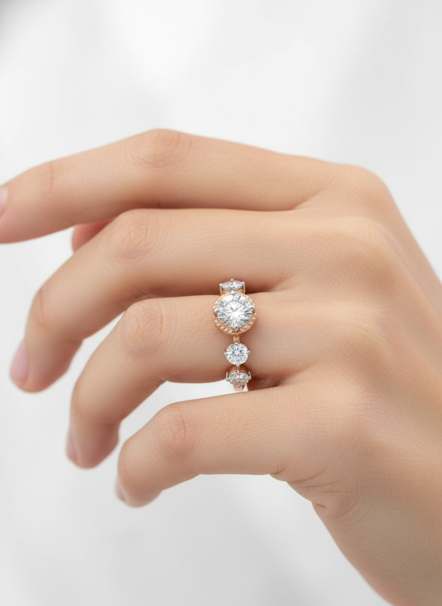 Side view of Xiaomei 1ct Round Lab Diamond Side Stone Solitaire Ring in 14K Rose Gold  Fiona Diamonds