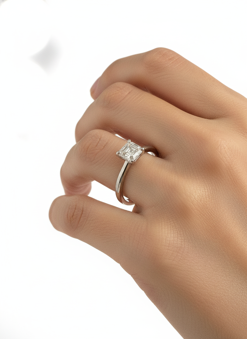 Side profile of Nobleza 70 Pointer Asscher Lab Diamond Classic Solitaire Ring in 18K White Gold Fiona Diamonds