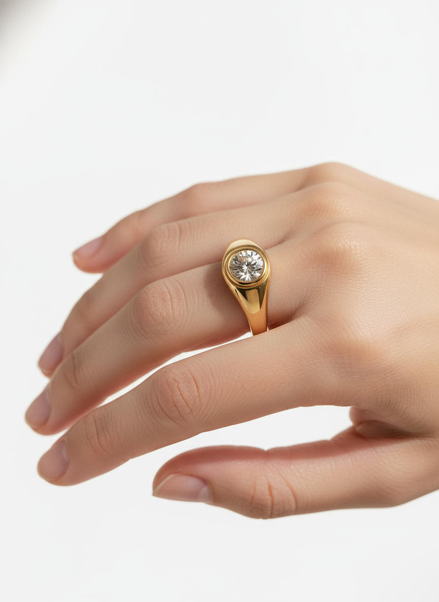 Side profile of Timeless 1ct Round Lab Diamond Classic Solitaire Ring in 14K Yellow Gold Fiona Diamonds