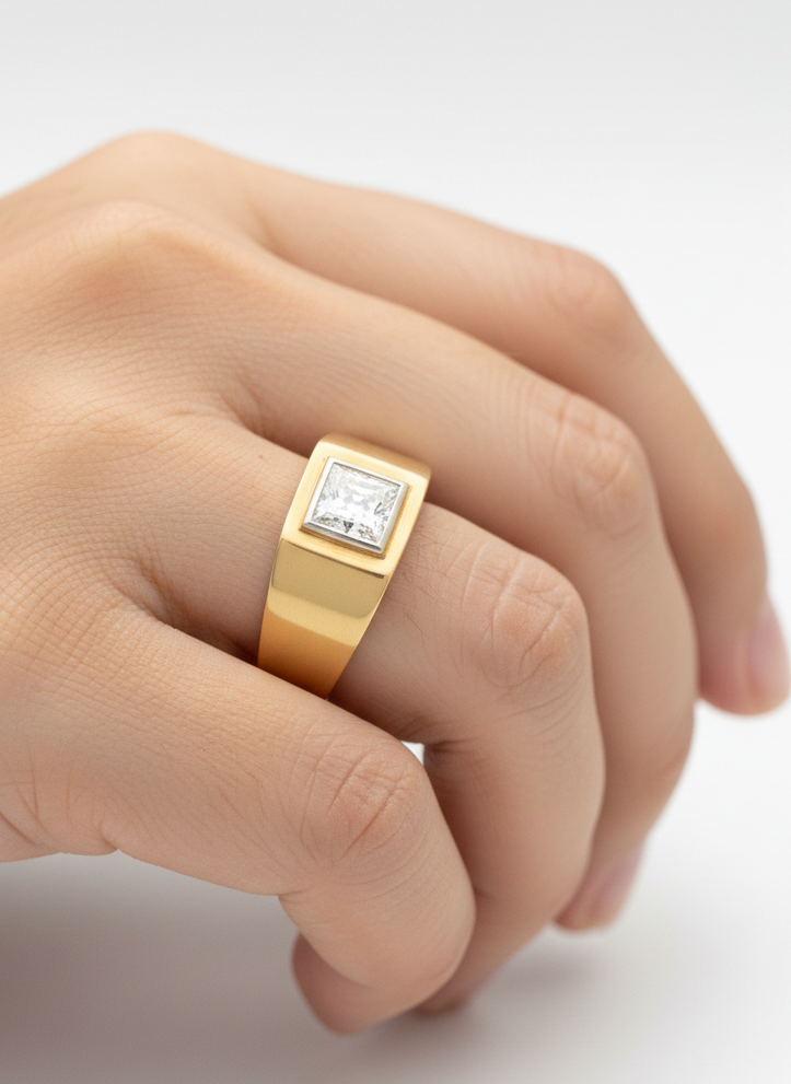 Close-up of Fayelith 1ct Princess Lab Diamond Classic Solitaire Ring set in 14K Yellow Gold by Fiona Diamonds