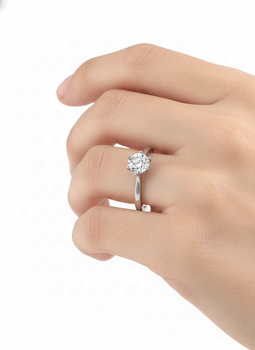Close-up of Jiawen 2.5ct Round Lab Diamond Classic Solitaire Ring set in 18K White Gold by Fiona Diamonds