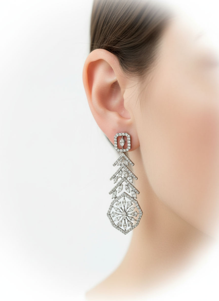 Side view of Refined Sparkle Pear Lab Diamond Dangler Earrings in 18K White Gold - Fiona Diamonds