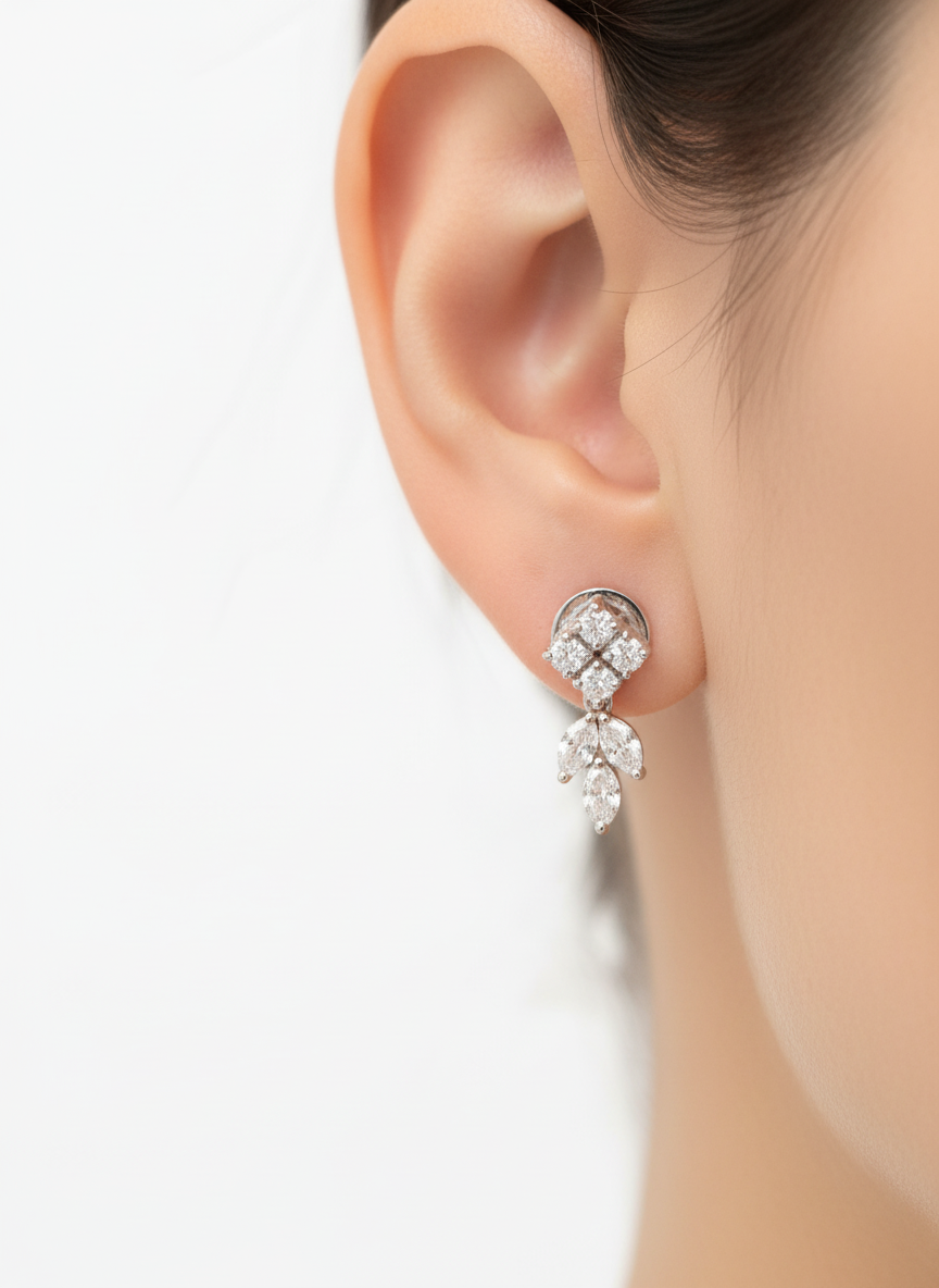 Close-up of Andromeda Marquise Lab Diamond Earrings in 14K White Gold by Fiona Diamonds