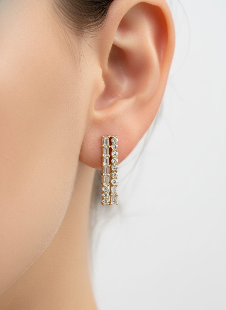 Side view of Chic Aurora Baguette Lab Diamond Earrings in 14K Yellow Gold - Fiona Diamonds
