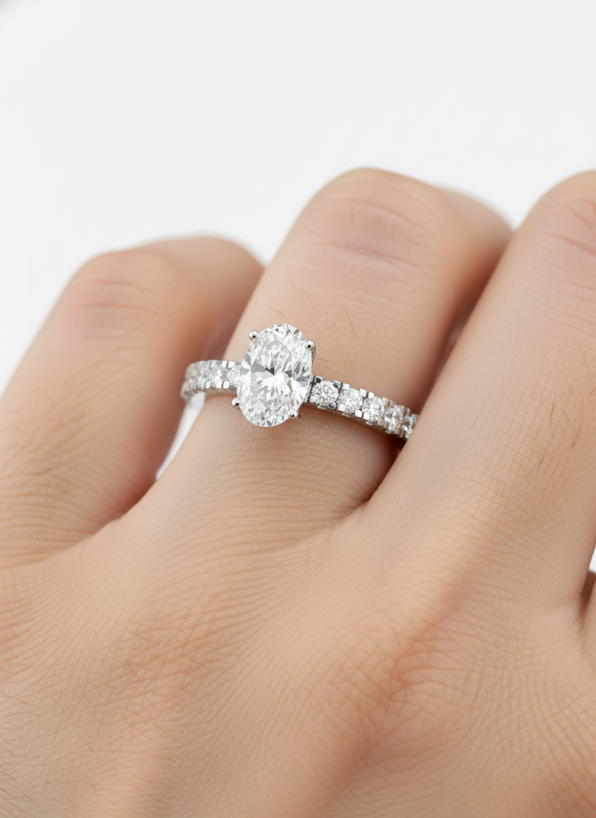 Close-up of Yingyue 1ct Oval Lab Diamond Side Stone Solitaire Ring set in 14K White Gold by Fiona Diamonds