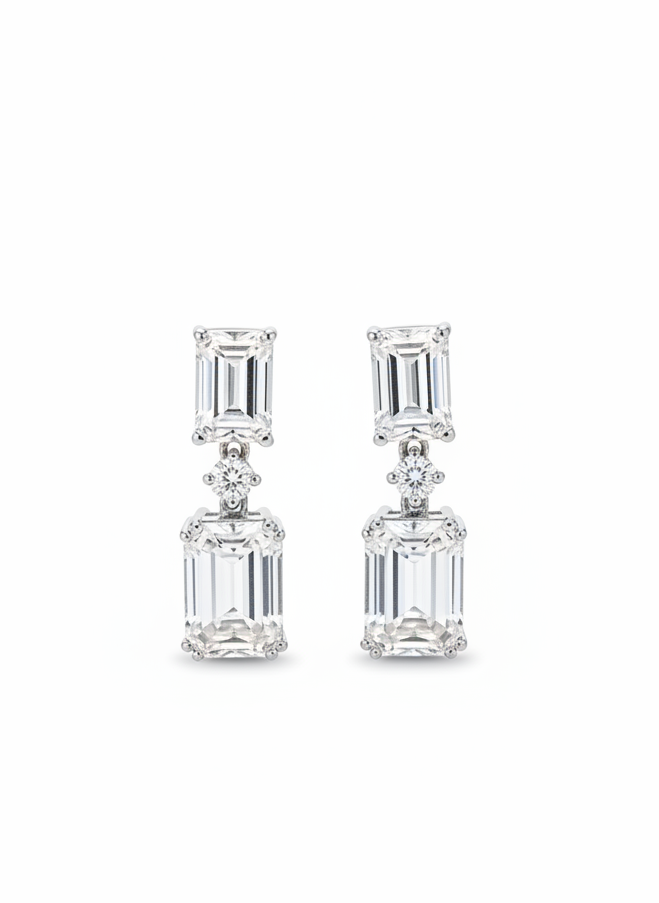 Miguel Emerald Lab Diamond Drop Earrings in 14K White Gold by Fiona Diamonds