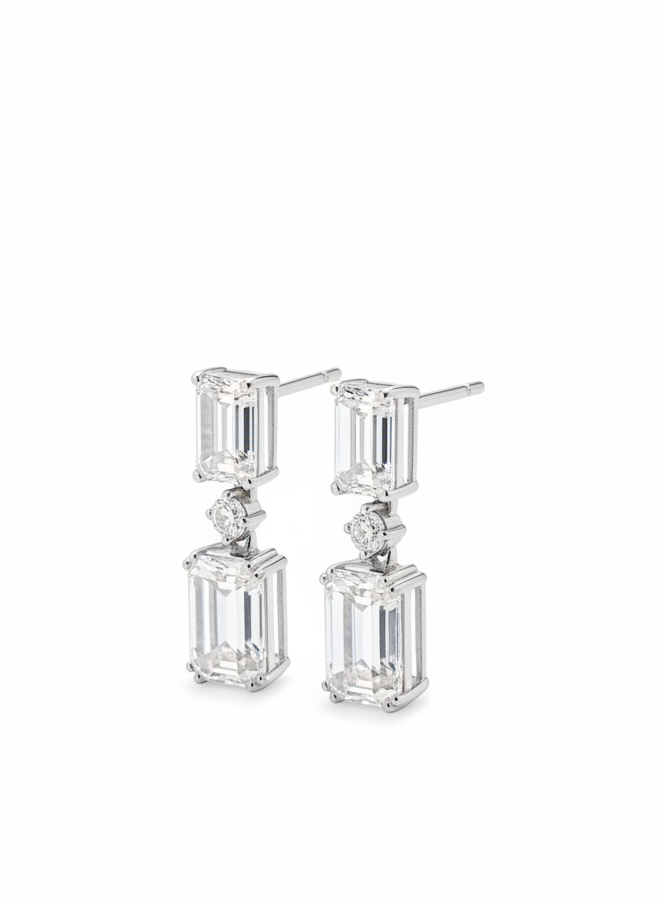 Side view of Miguel Emerald Lab Diamond Drop Earrings in 14K White Gold - Fiona Diamonds