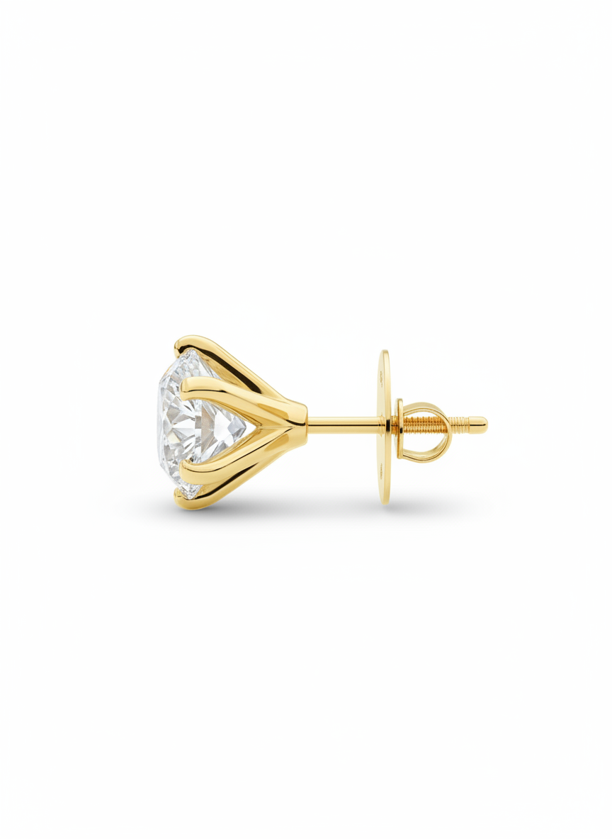 Close-up of Nimbus Stud Round Lab Diamond Solitaire Stud in 18K Yellow Gold by Fiona Diamonds