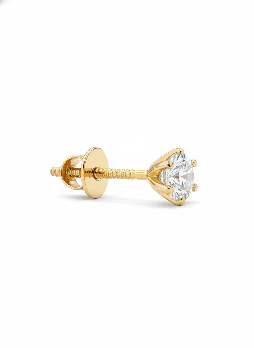 Close-up of Soleil Swing Round Lab Diamond Solitaire Stud in 18K Yellow Gold by Fiona Diamonds