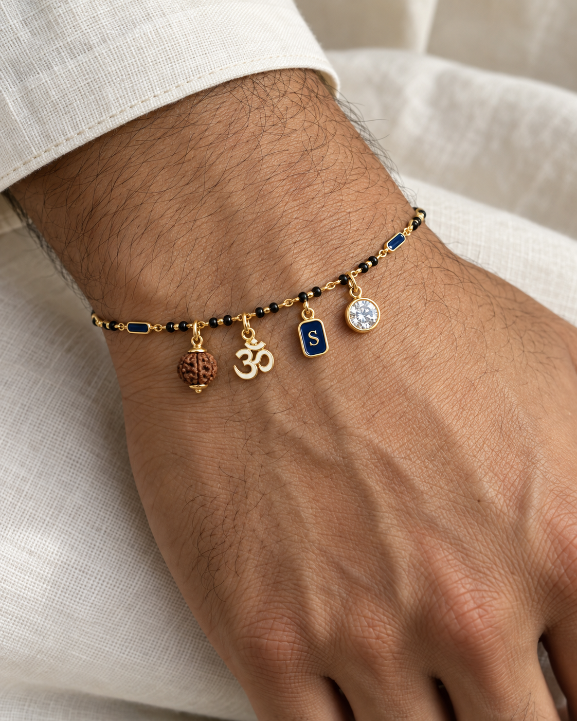 Neelambar Om Rudraksh Men's Hand Mangalsutra — on-model