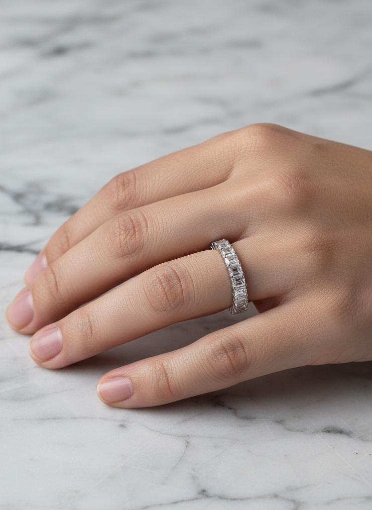 Close-up of Imperial Emerald Lab Diamond Eternity Ring set in 14K White Gold by Fiona Diamonds