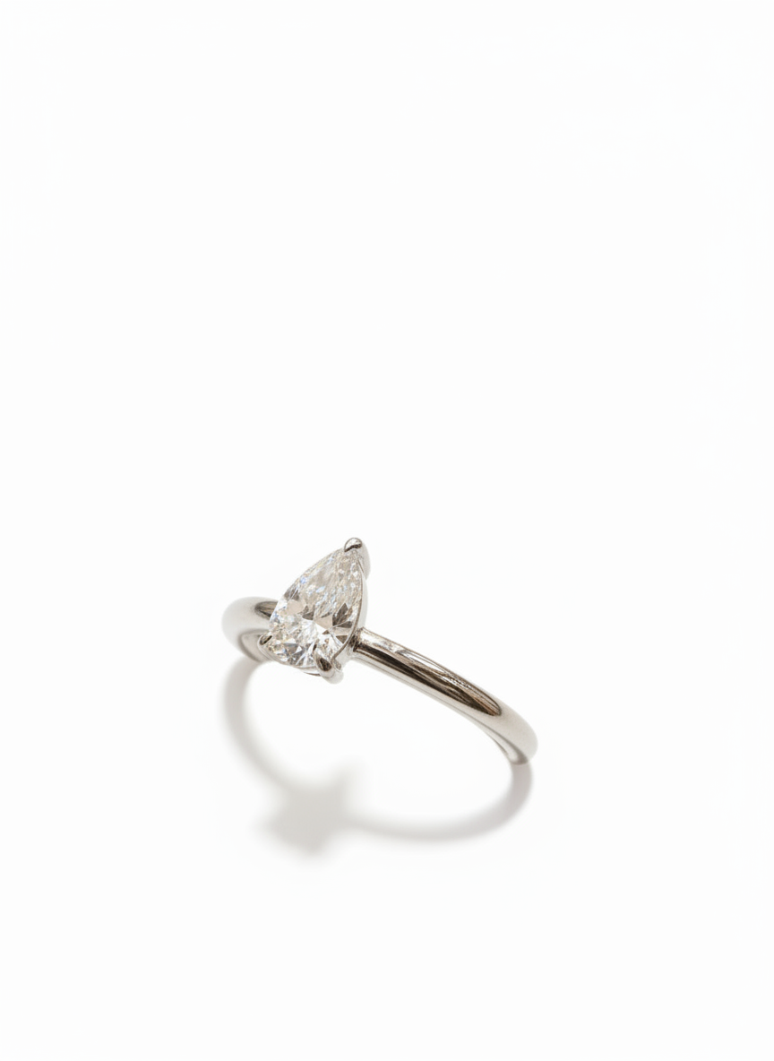 Side profile of Azurelle 51 Pointer Pear Lab Diamond Classic Solitaire Ring in 14K White Gold Fiona Diamonds