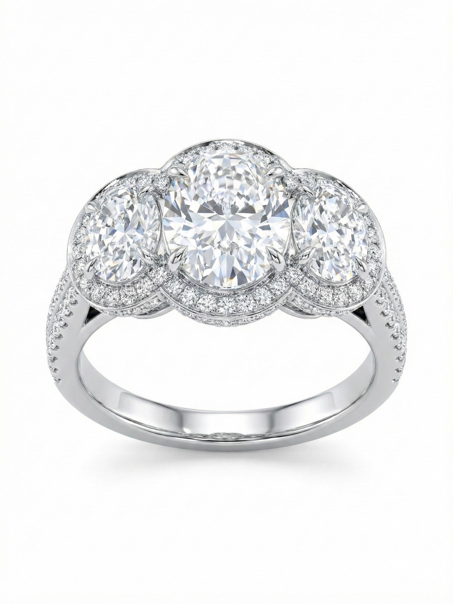 Side view of Kalliope Oval Lab Diamond Three Stone Ring in 14K White Gold - Fiona Diamonds